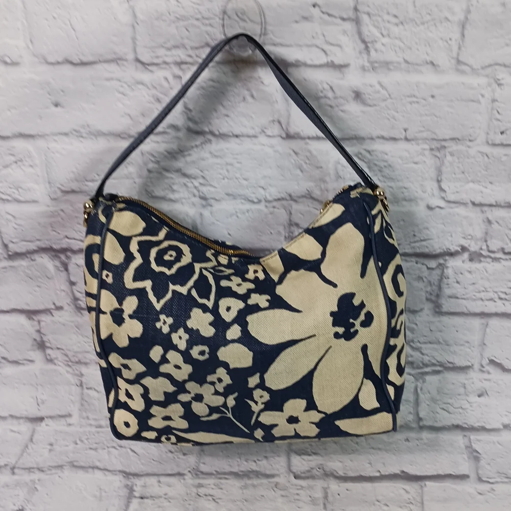 Kate Spade blue and white print canvas hobo bag